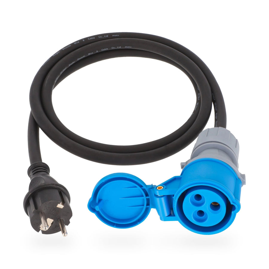 Adapterleitung Schuko-Stecker auf CEE-Kupplung 16 A 230 V blau mit Klappdeckel, Gummischlauchleitung H07RN-F 3G2,5 schwarz
