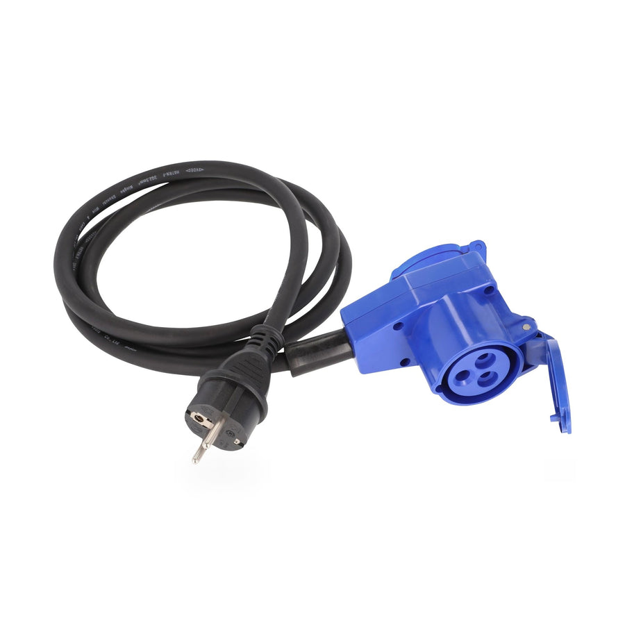 Adapterleitung Schuko-Stecker auf CEE-Winkelkupplung 16 A mit integrierter Schuko-Steckdose, H07RN-F 3G2,5, 1,5 m