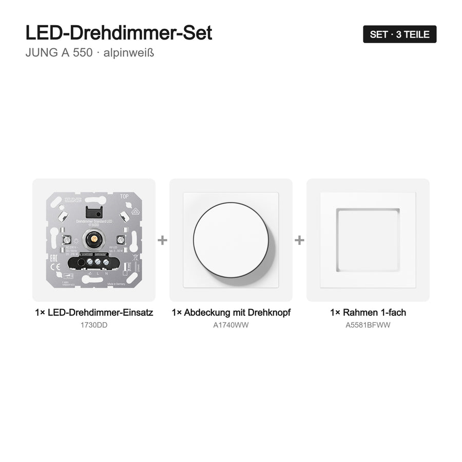 JUNG A 550 LED-Dimmer-Set alpinweiß – Set-Inhalt
