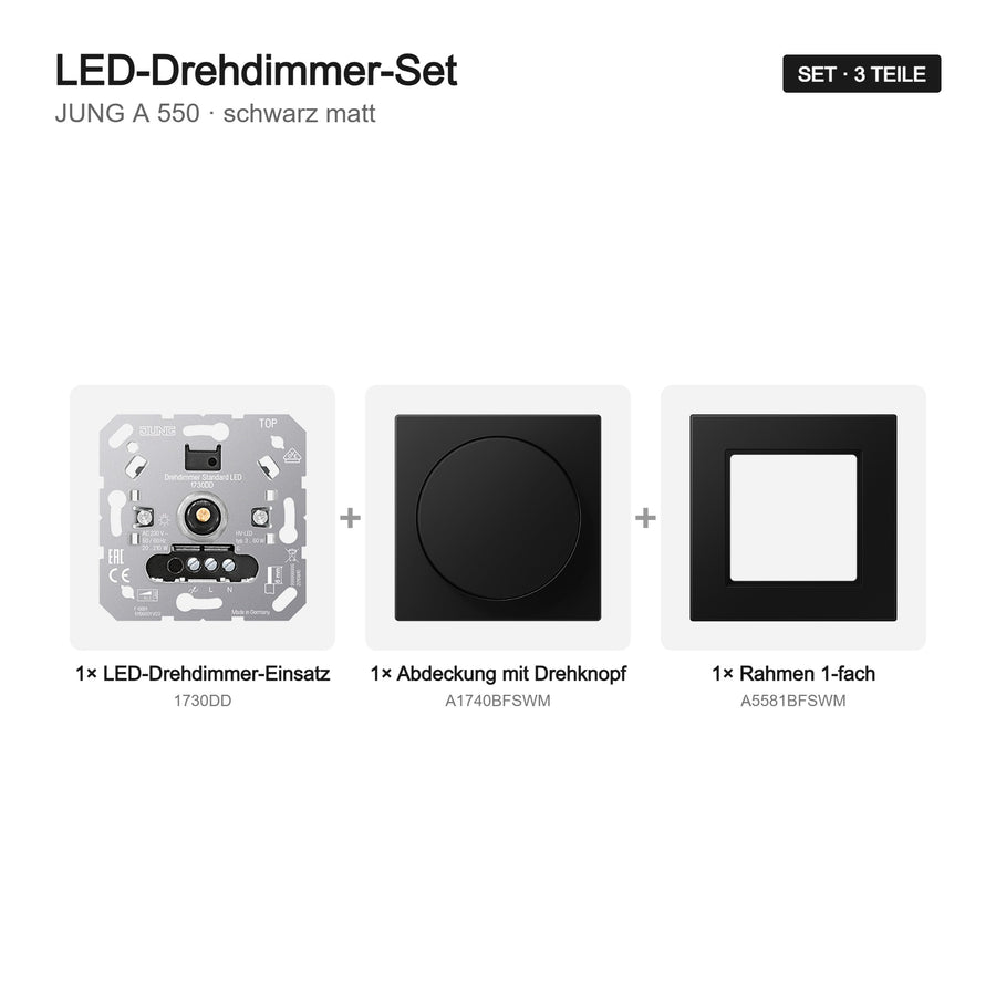 JUNG A 550 LED-Dimmer-Set schwarz matt (graphitschwarz) – Set-Inhalt