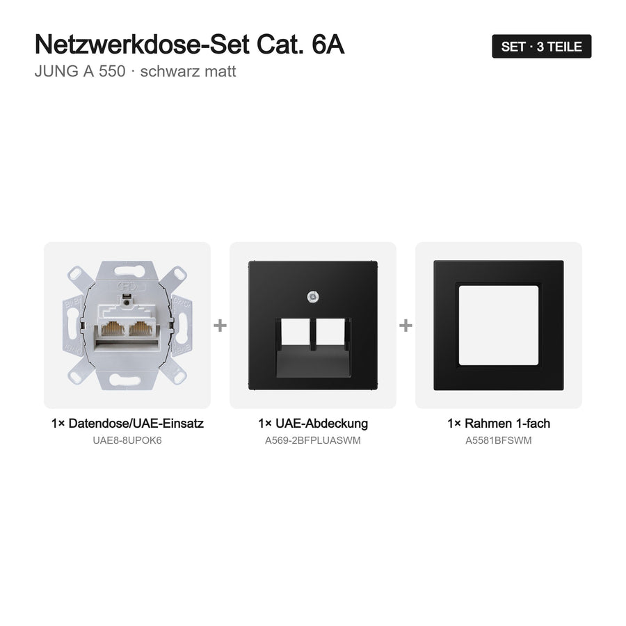JUNG A 550 Netzwerkdose Cat. 6A-Set schwarz matt (graphitschwarz) – Set-Inhalt