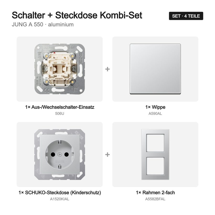 JUNG A 550 Schalter-Steckdosen-Kombination aluminium – Set-Inhalt