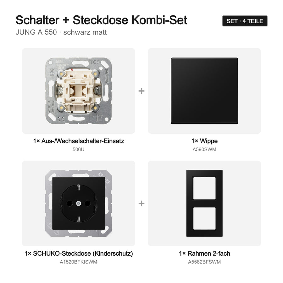 JUNG A 550 Schalter-Steckdosen-Kombination schwarz matt (graphitschwarz) – Set-Inhalt