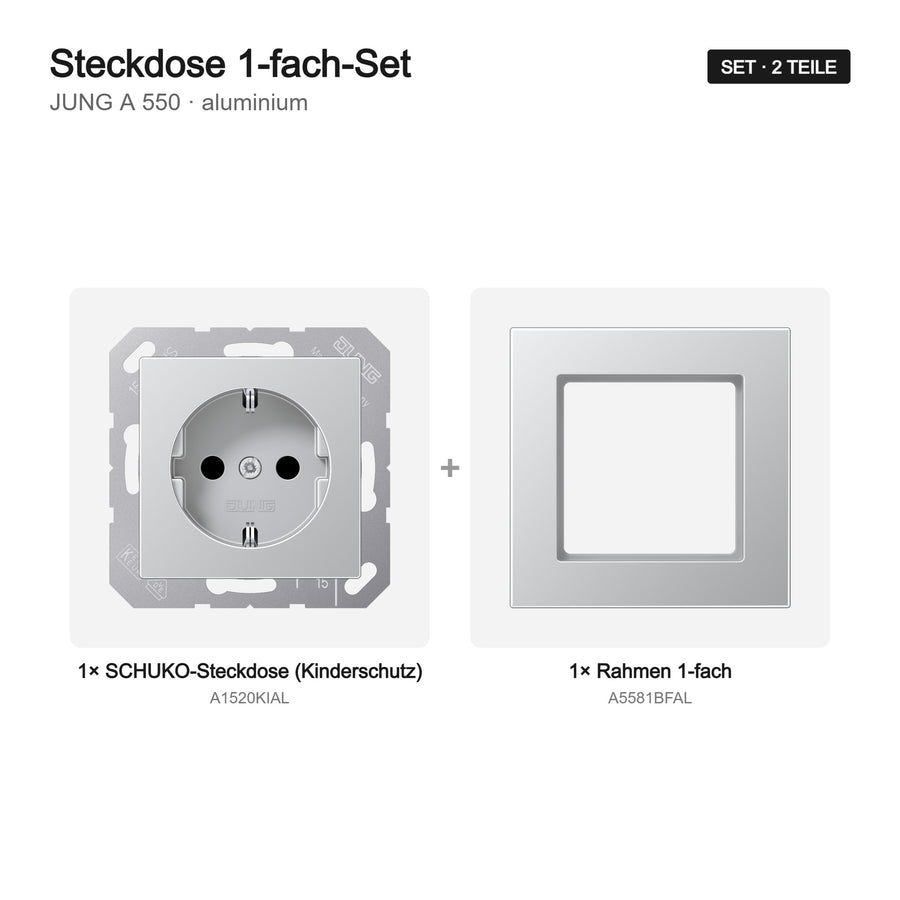 JUNG A 550 Steckdose 1-fach komplett aluminium – Set-Inhalt