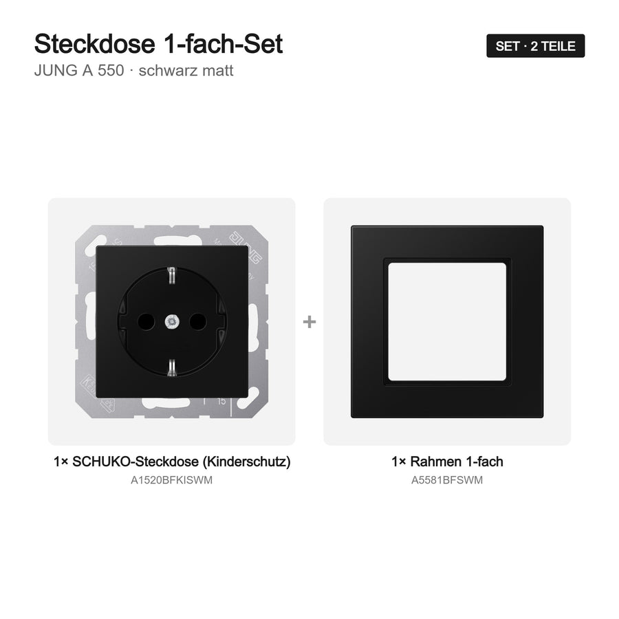 JUNG A 550 Steckdose 1-fach komplett schwarz matt (graphitschwarz) – Set-Inhalt