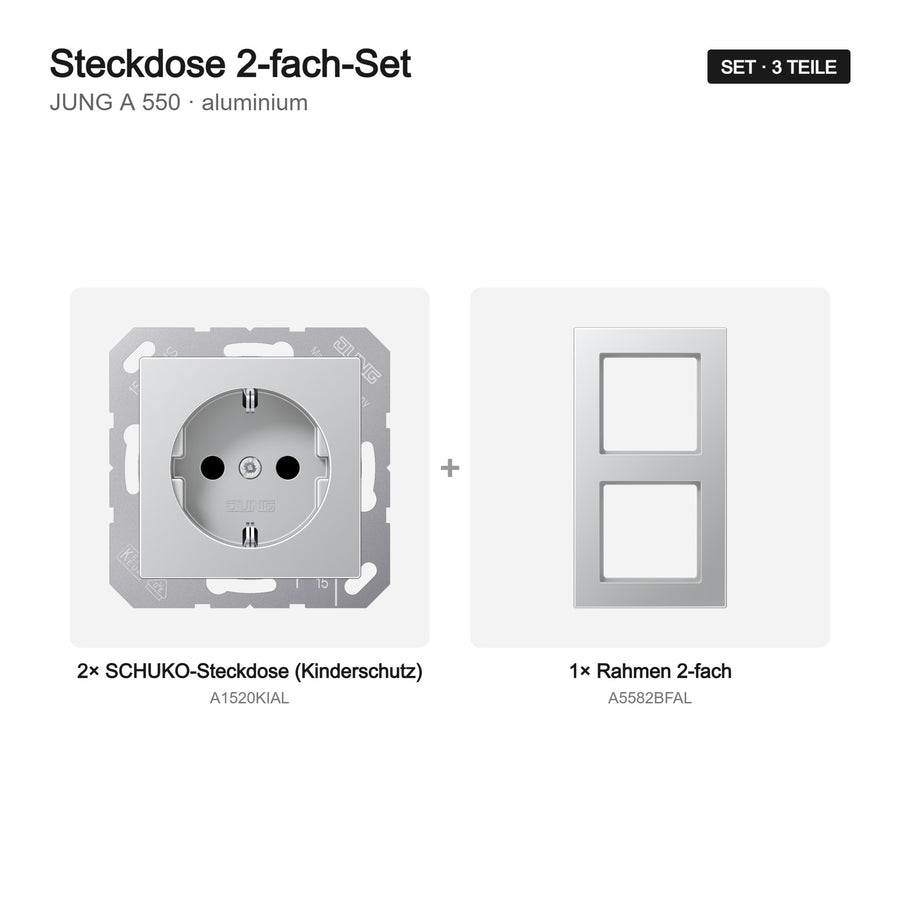 JUNG A 550 Steckdose 2-fach komplett aluminium – Set-Inhalt