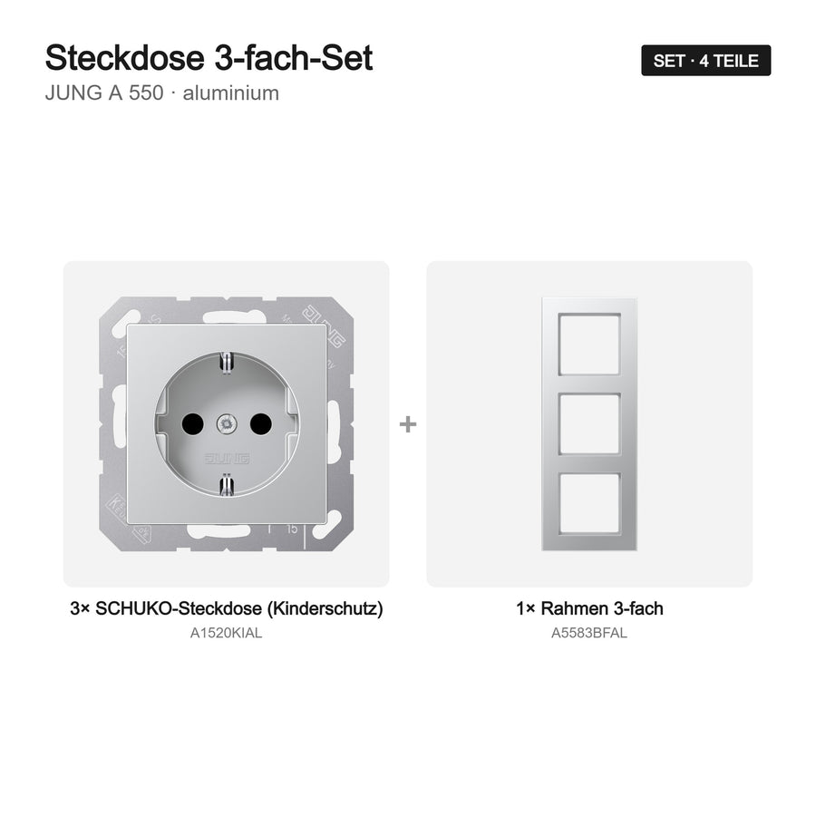 JUNG A 550 Steckdose 3-fach komplett aluminium – Set-Inhalt