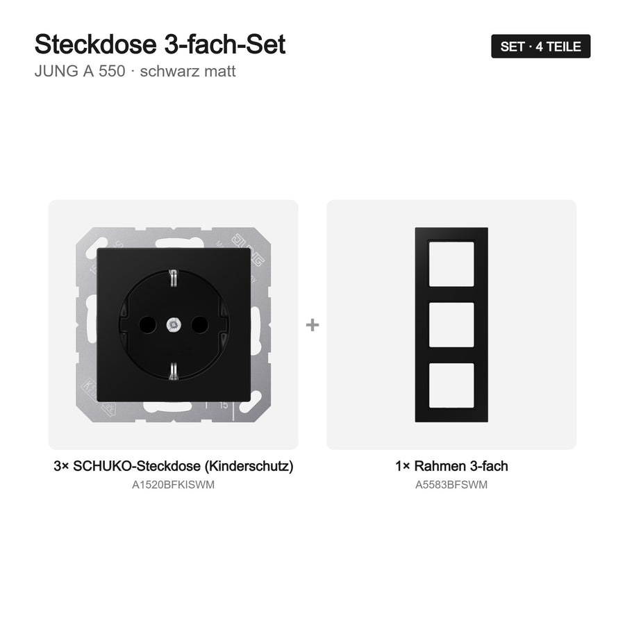 JUNG A 550 Steckdose 3-fach komplett schwarz matt (graphitschwarz) – Set-Inhalt