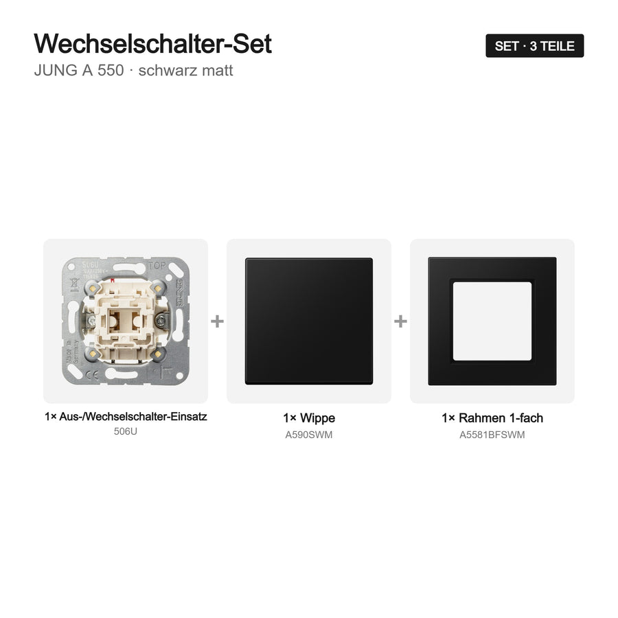 JUNG A 550 Lichtschalter-Set schwarz matt (graphitschwarz) – Set-Inhalt