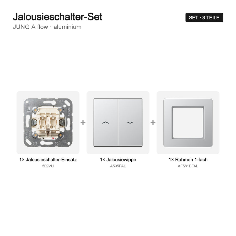 JUNG A flow Jalousieschalter-Set aluminium – Set-Inhalt