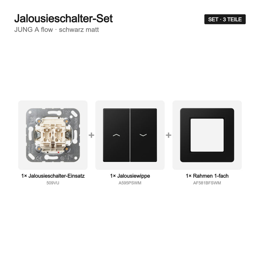 JUNG A flow Jalousieschalter-Set schwarz matt (graphitschwarz) – Set-Inhalt