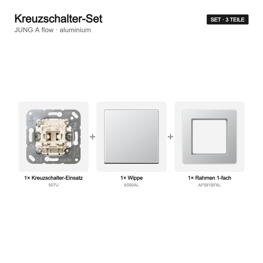 JUNG A flow Kreuzschalter-Set aluminium – Set-Inhalt