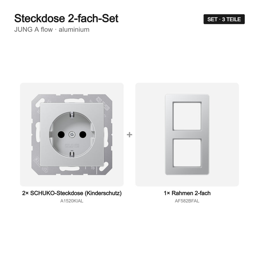 JUNG A flow Steckdose 2-fach komplett aluminium – Set-Inhalt