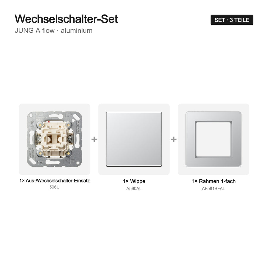 JUNG A flow Lichtschalter-Set aluminium – Set-Inhalt
