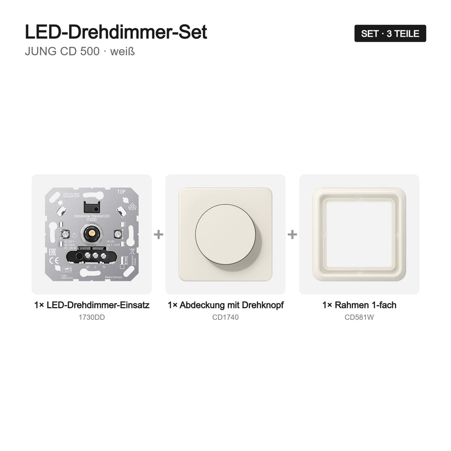 JUNG CD 500 LED-Dimmer-Set weiß (ivory) – Set-Inhalt