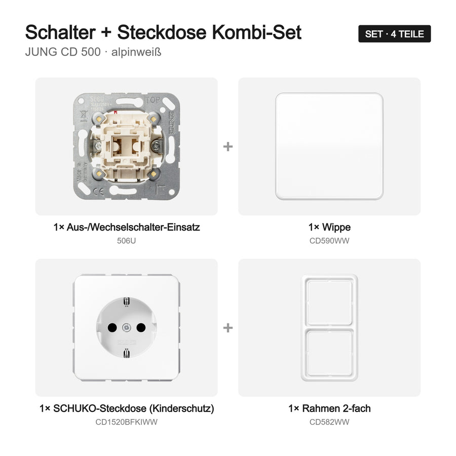 JUNG CD 500 Schalter-Steckdosen-Kombination alpinweiß – Set-Inhalt
