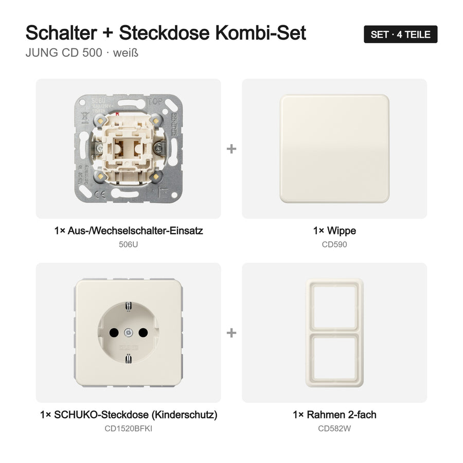 JUNG CD 500 Schalter-Steckdosen-Kombination weiß (ivory) – Set-Inhalt