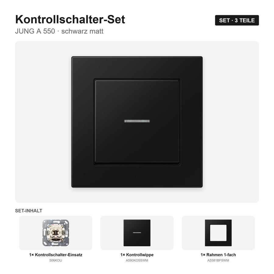 JUNG A 550 Kontrollschalter-Set schwarz matt (graphitschwarz) – montiert