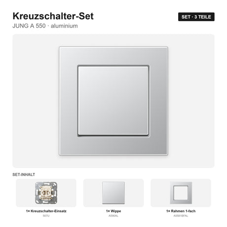 JUNG A 550 Kreuzschalter-Set aluminium – montiert