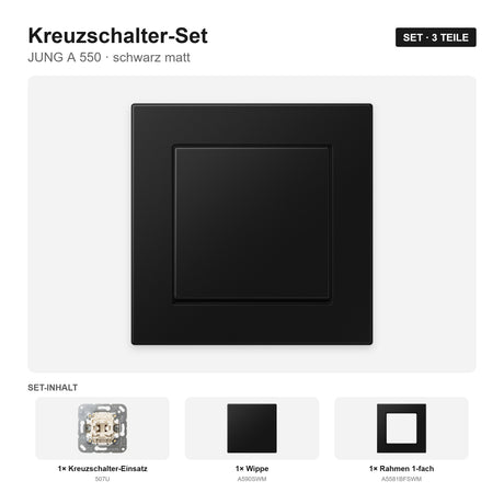 JUNG A 550 Kreuzschalter-Set schwarz matt (graphitschwarz) – montiert