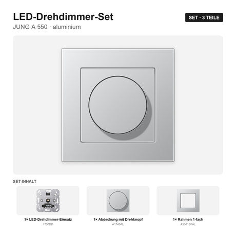 JUNG A 550 LED-Dimmer-Set aluminium – montiert