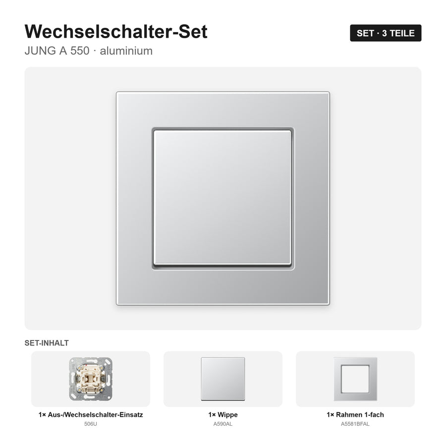 JUNG A 550 Lichtschalter-Set aluminium – montiert