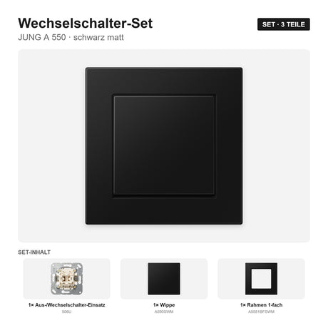 JUNG A 550 Lichtschalter-Set schwarz matt (graphitschwarz) – montiert