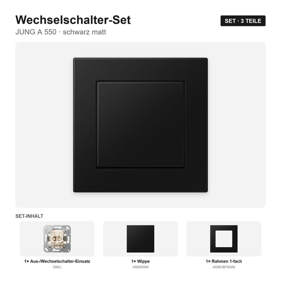JUNG A 550 Lichtschalter-Set schwarz matt (graphitschwarz) – montiert