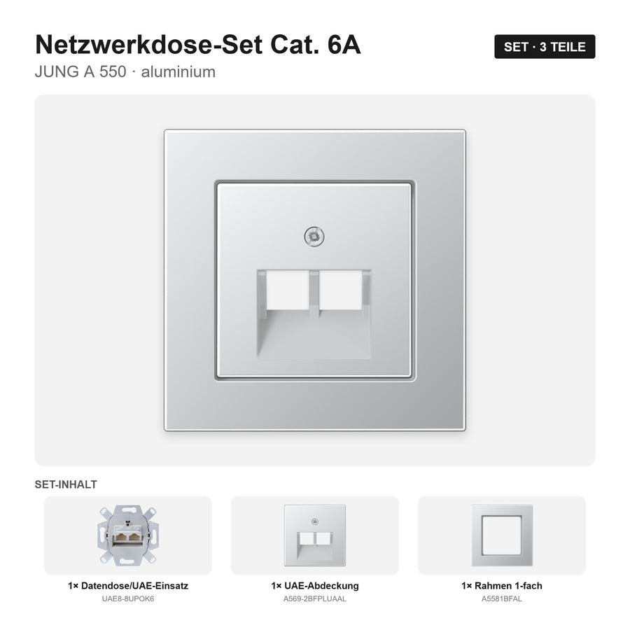 JUNG A 550 Netzwerkdose Cat. 6A-Set aluminium – montiert