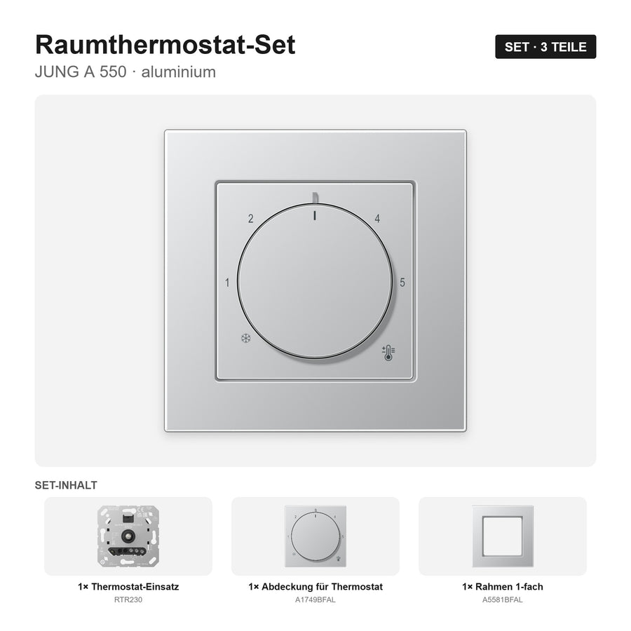 JUNG A 550 Raumthermostat-Set aluminium – montiert