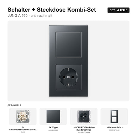JUNG A 550 Schalter-Steckdosen-Kombination anthrazit matt – montiert