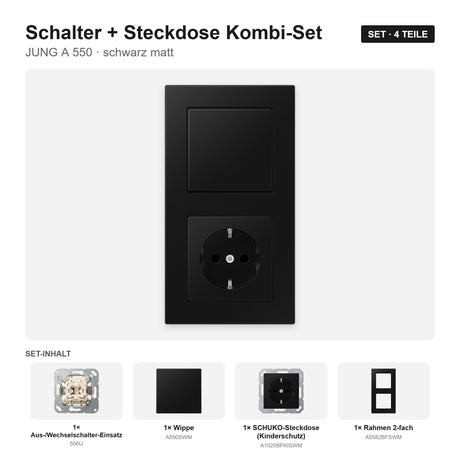 JUNG A 550 Schalter-Steckdosen-Kombination schwarz matt (graphitschwarz) – montiert