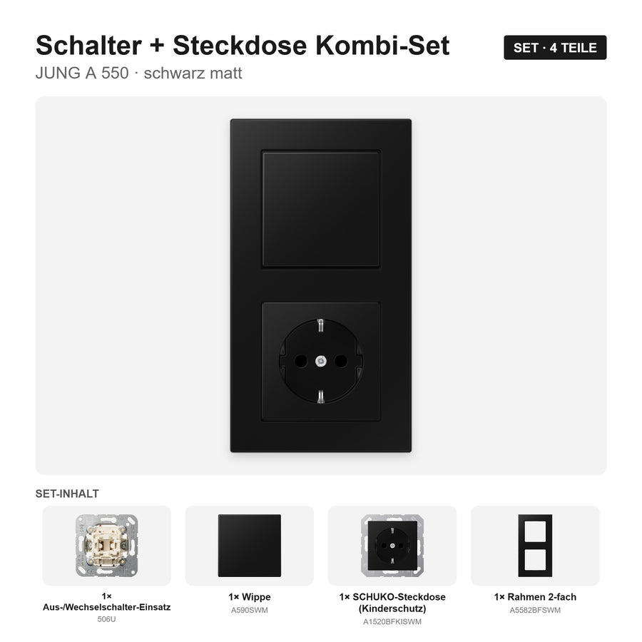 JUNG A 550 Schalter-Steckdosen-Kombination schwarz matt (graphitschwarz) – montiert
