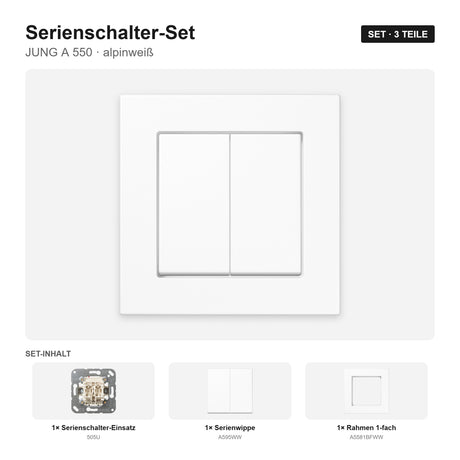 JUNG A 550 Serienschalter-Set alpinweiß – montiert