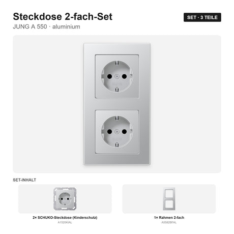 JUNG A 550 Steckdose 2-fach komplett aluminium – montiert