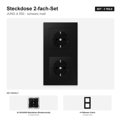 JUNG A 550 Steckdose 2-fach komplett schwarz matt (graphitschwarz) – montiert
