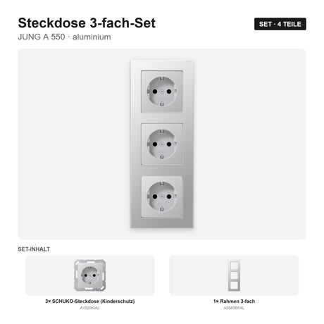 JUNG A 550 Steckdose 3-fach komplett aluminium – montiert