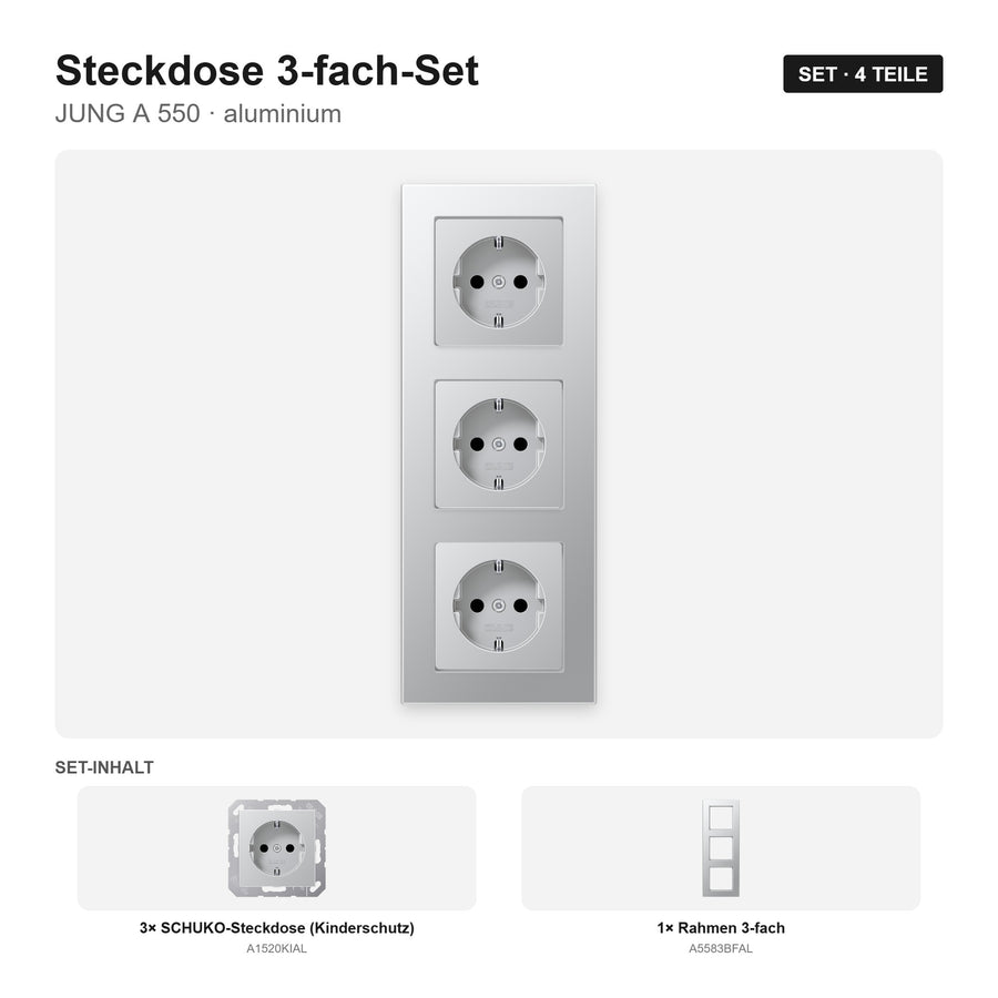 JUNG A 550 Steckdose 3-fach komplett aluminium – montiert