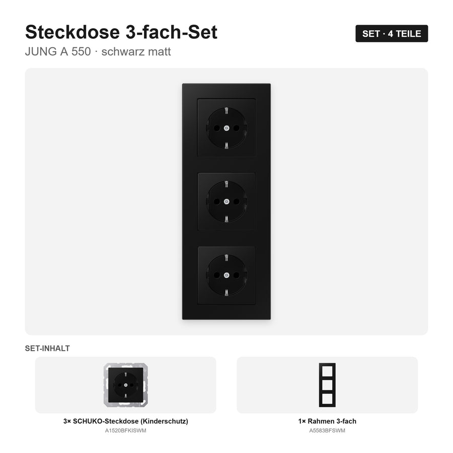 JUNG A 550 Steckdose 3-fach komplett schwarz matt (graphitschwarz) – montiert
