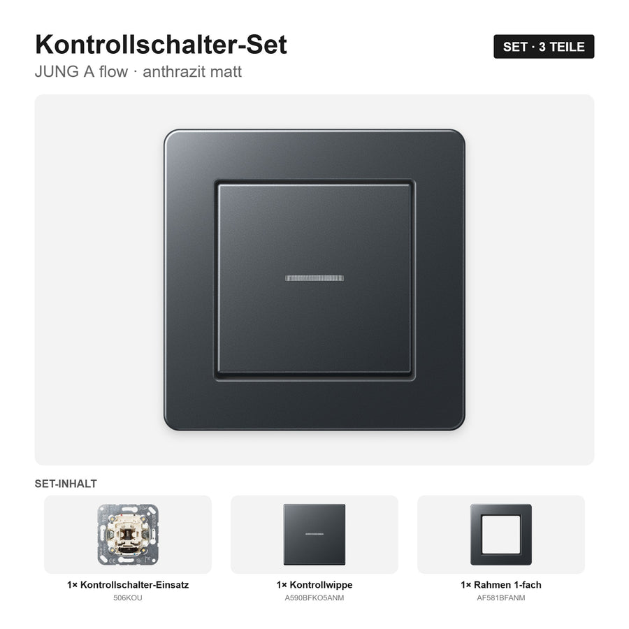 JUNG A flow Kontrollschalter-Set anthrazit matt – montiert
