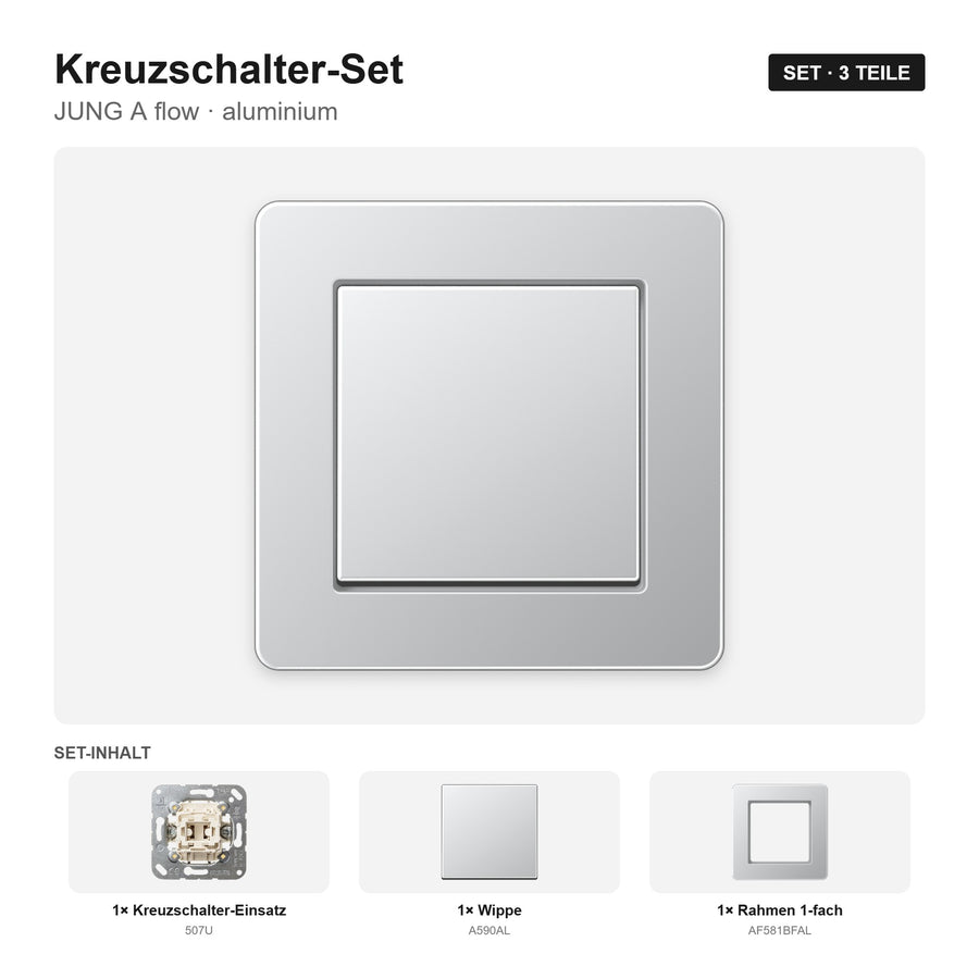 JUNG A flow Kreuzschalter-Set aluminium – montiert