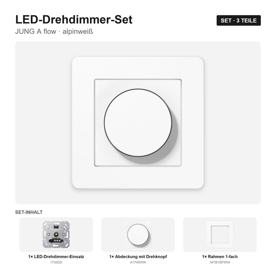 JUNG A flow LED-Dimmer-Set alpinweiß – montiert