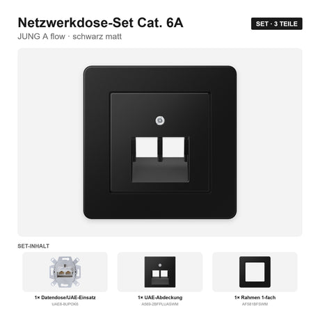 JUNG A flow Netzwerkdose Cat. 6A-Set schwarz matt (graphitschwarz) – montiert