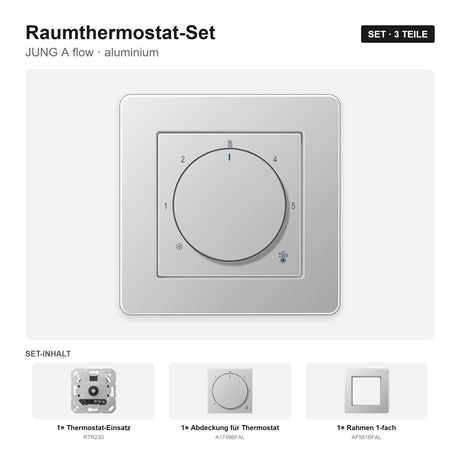 JUNG A flow Raumthermostat-Set aluminium – montiert