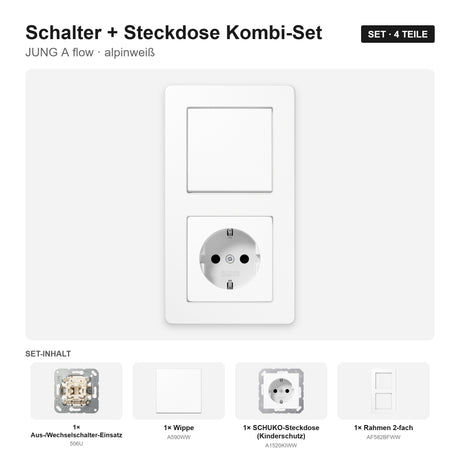 JUNG A flow Schalter-Steckdosen-Kombination alpinweiß – montiert