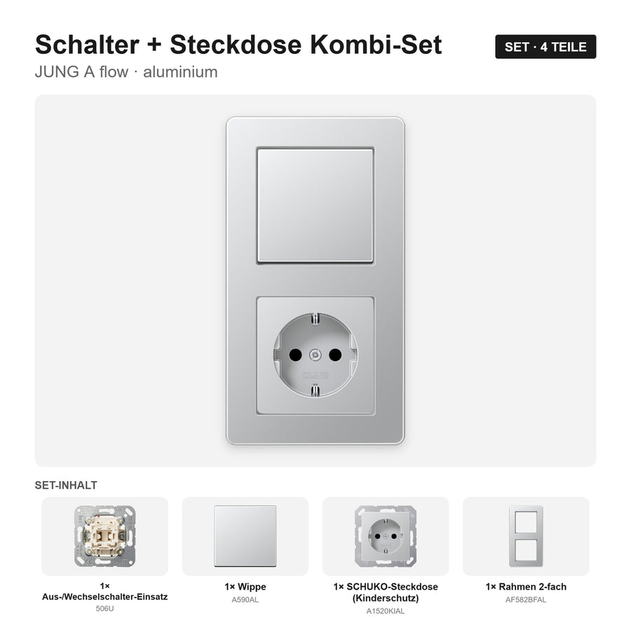 JUNG A flow Schalter-Steckdosen-Kombination aluminium – montiert
