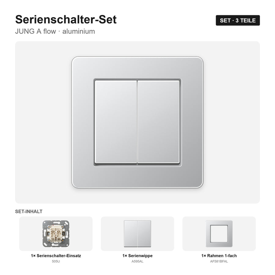 JUNG A flow Serienschalter-Set aluminium – montiert