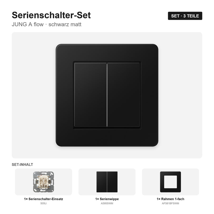 JUNG A flow Serienschalter-Set schwarz matt (graphitschwarz) – montiert