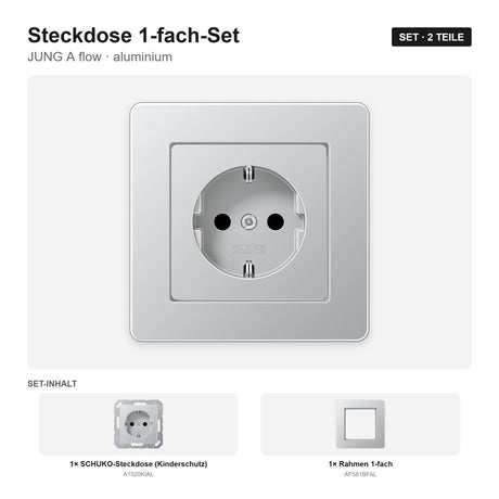 JUNG A flow Steckdose 1-fach komplett aluminium – montiert