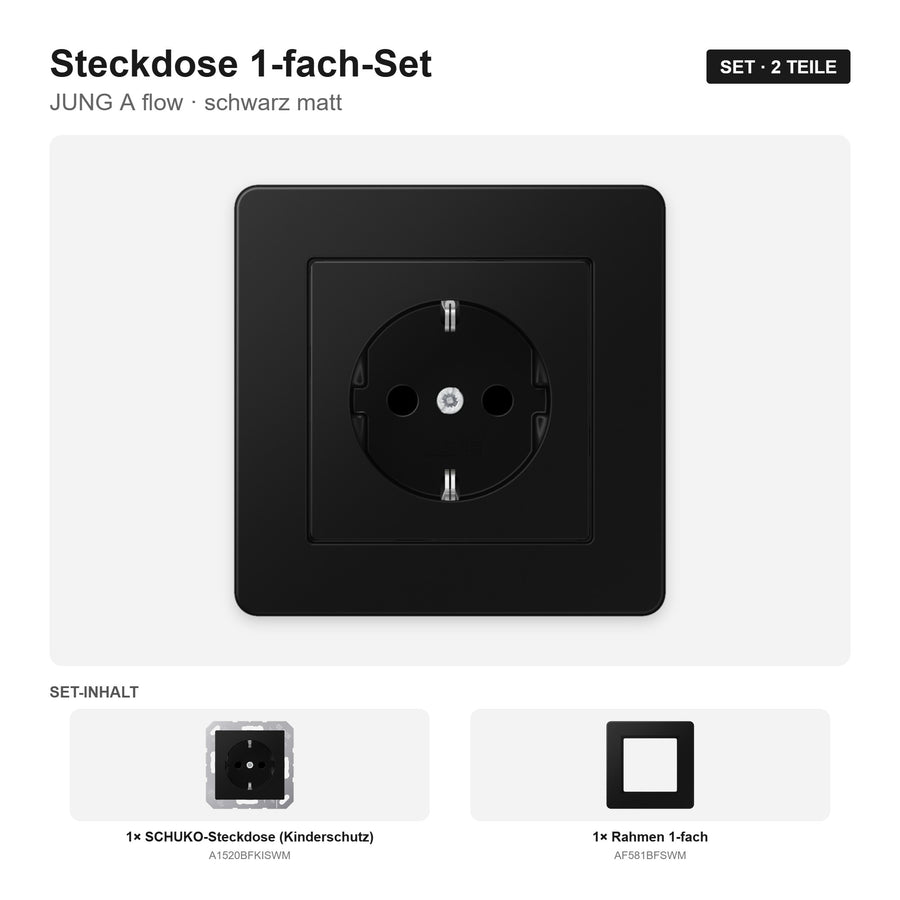 JUNG A flow Steckdose 1-fach komplett schwarz matt (graphitschwarz) – montiert